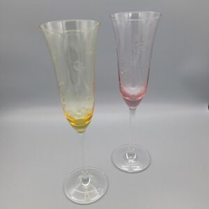 Vintage Block Crystal Champagne Flutes Pair Etched Pink‎ Amber Wedding New Years